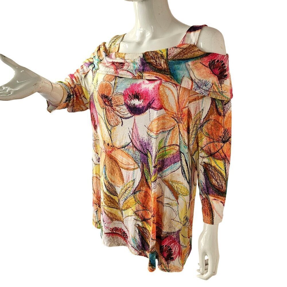 Peck Peck Floral Multi Off-Shoulder Tunic Top XL Rayon/Spandex 3/4 Sleeve NWT